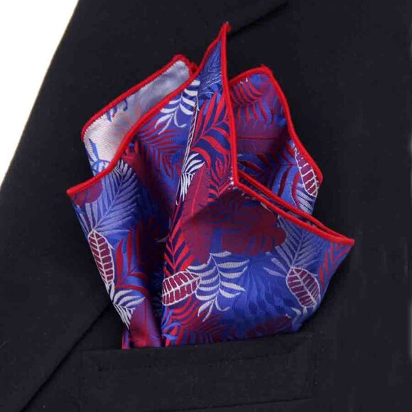 SW for Gascoigne Pocket Square Red Blue White Palm Fronds Pattern Men's - Picture 2 of 4